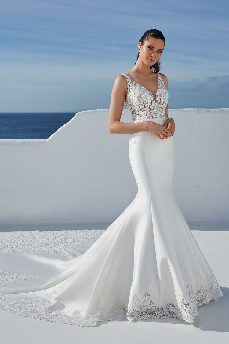 Brady: Fit and Flare Gown with Floral Appliques and Illusion Train
