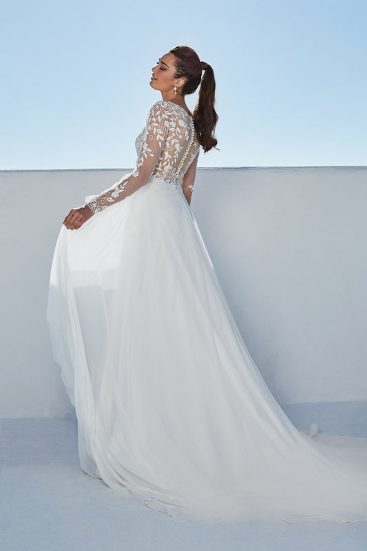 Braelynn : Chiffon Skirt A-Line Gown with Illusion Back and Pearl Buttons